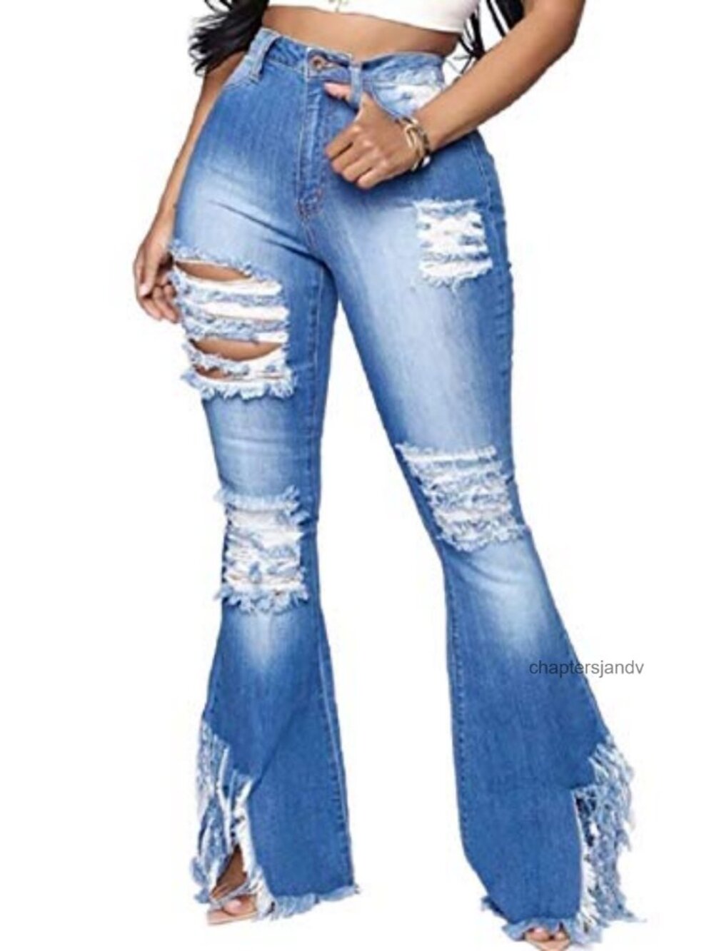 Women's High-Rise Ripped Bell Bottom Jeans Distressed Flare Denim Pants